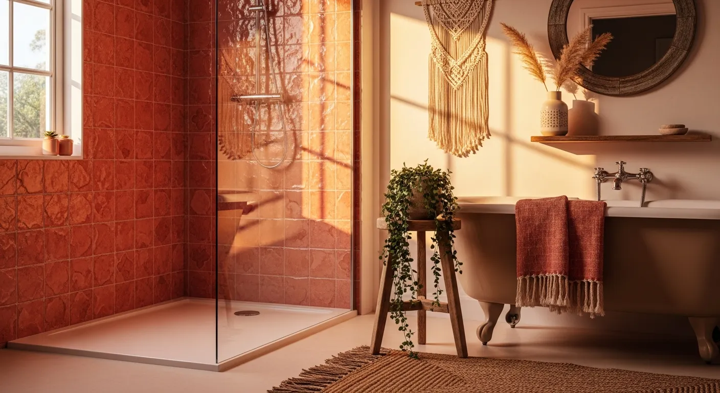 Stunning final reveal of an everyday coral bohemian bathroom sanctuary