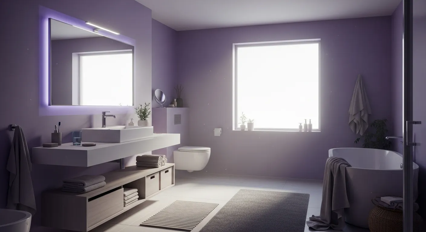 Modern bathroom interior featuring soothing lavender walls and minimalist decor
