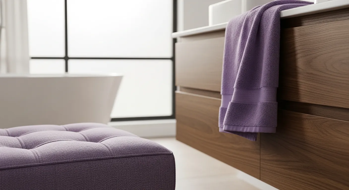 Sleek floating vanity with matte black hardware in a modern lavender bathroom