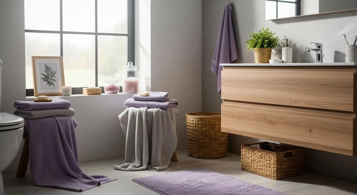 Minimalist bathroom decor with fresh towels, a sleek soap dispenser, and eucalyptus