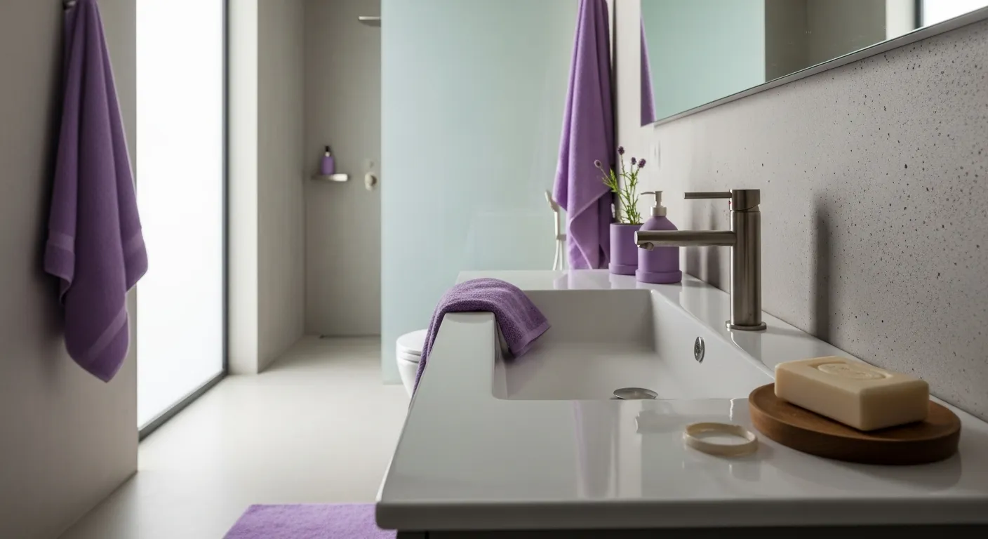 Close up of luxurious bathroom fixtures paired with lavender interior styling