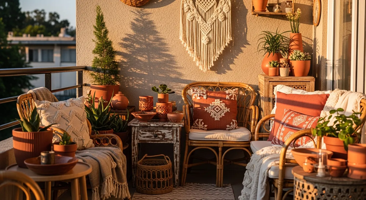 Color palette inspiration featuring terracotta, olive green, and creamy whites on a boho balcony