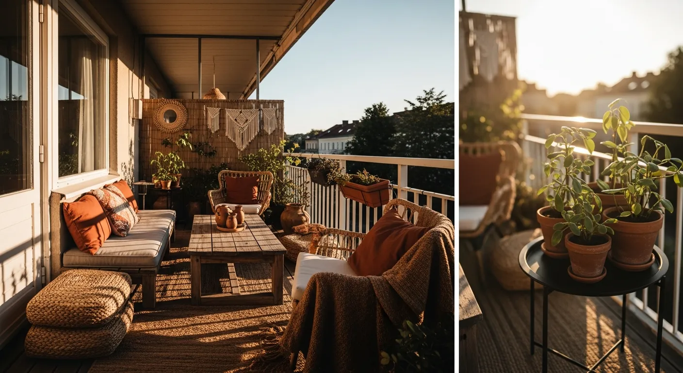 Step by step guide to decorating a bohemian balcony with terracotta pots and cozy seating