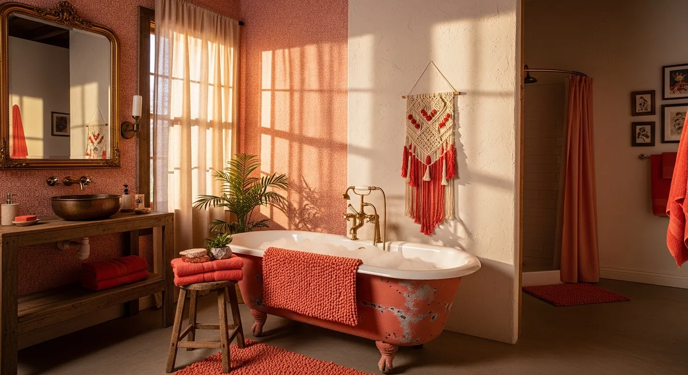 Coral colored bohemian bathroom interior design showcasing the psychology of warm colors