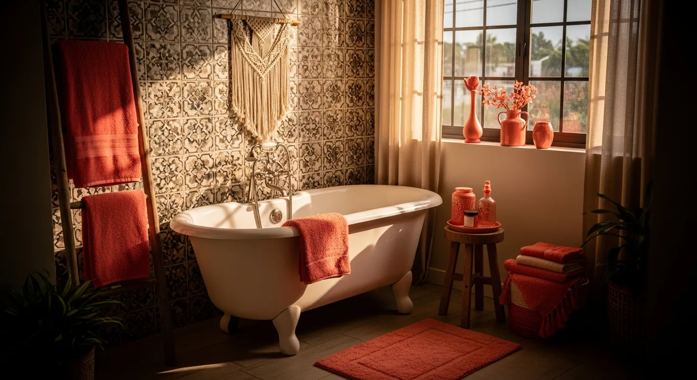 Coral, deep green, and sandy beige color palette combination in a boho chic bathroom design