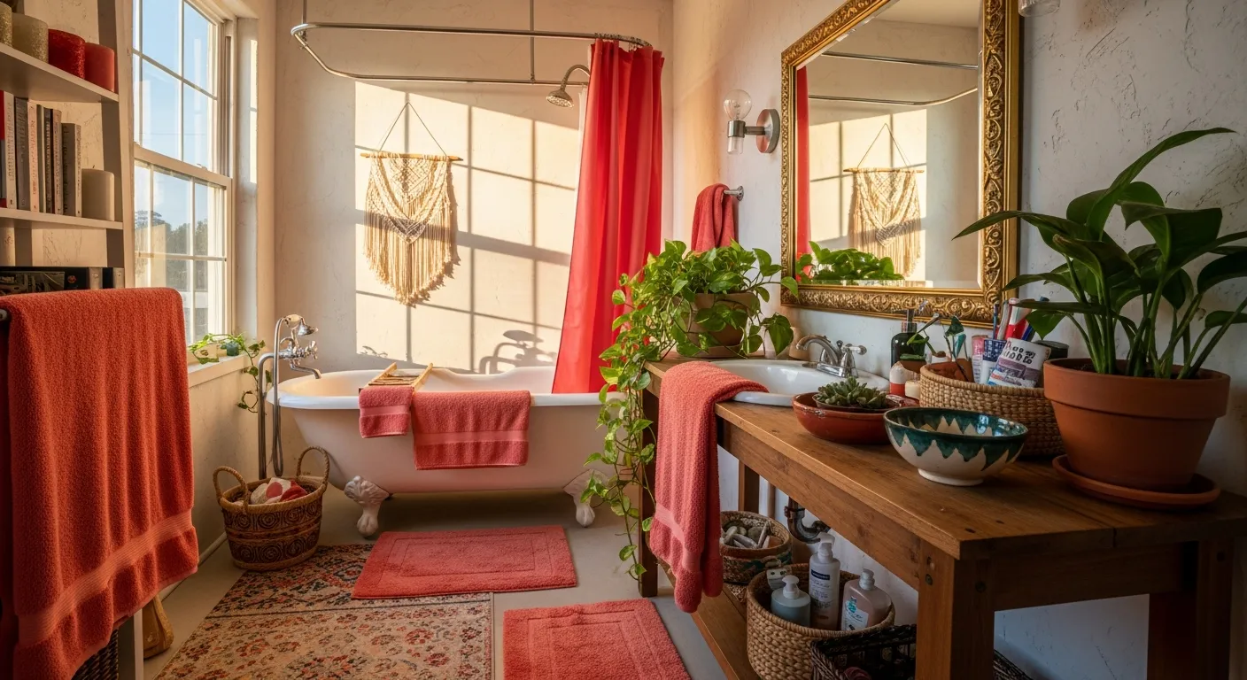 Affordable styling tips for a coral bohemian bathroom including trailing plants and thrifted decor