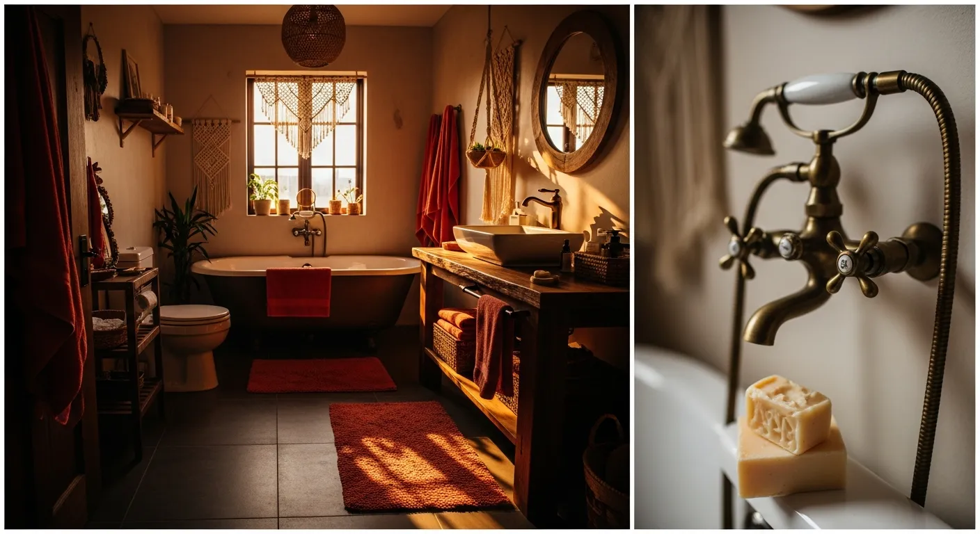 Budget-friendly bohemian bathroom decor featuring terracotta accents and vintage styling