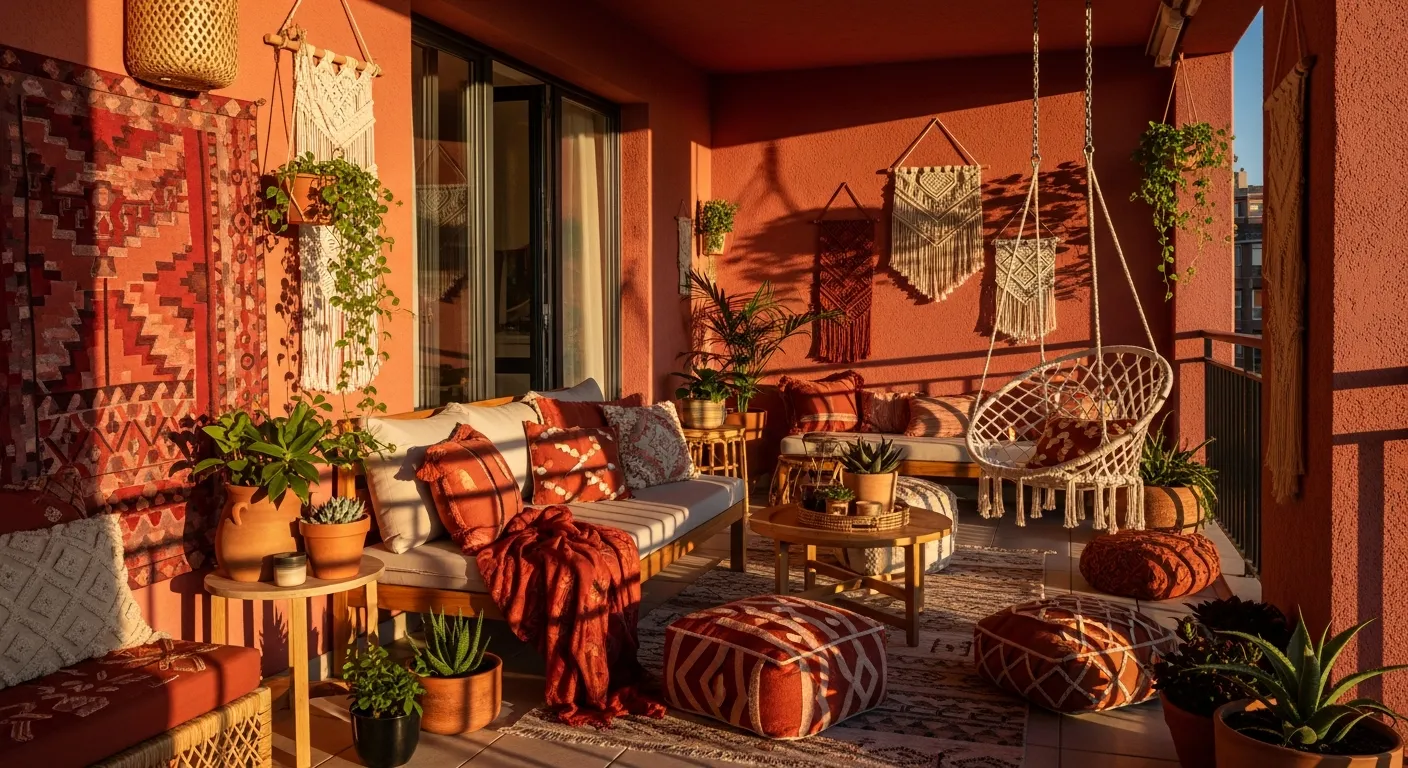 Earthy terracotta walls and modern boho decor bringing warmth to an outdoor balcony space