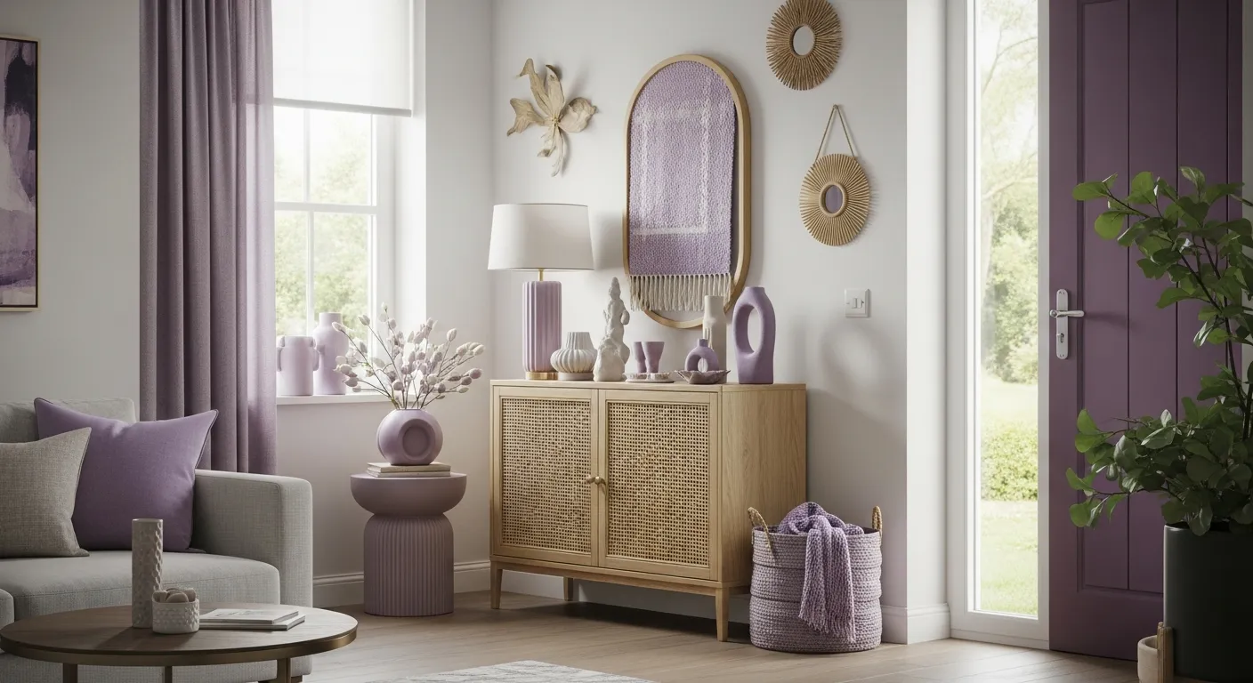 Modern entryway design blending sleek minimalist furniture with soft lavender walls