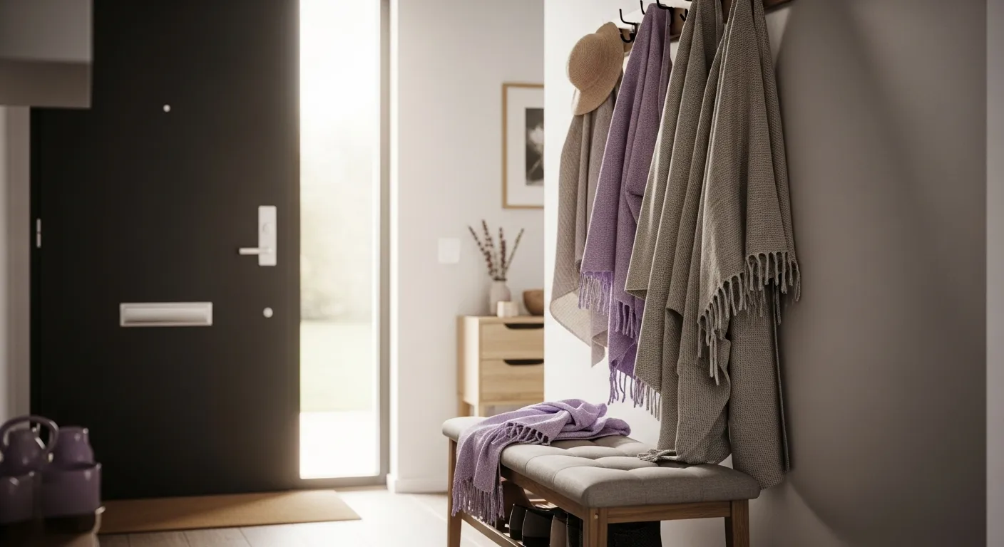 Breathtaking modern first impression with a sleek console and soft pastel purple walls