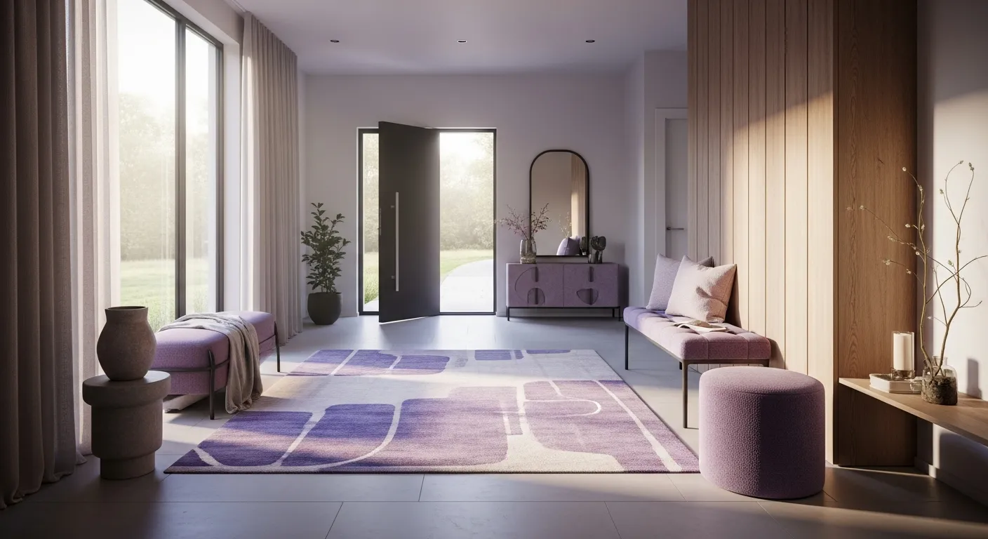 Sleek minimalist entryway lines paired with a dreamy pastel purple color palette