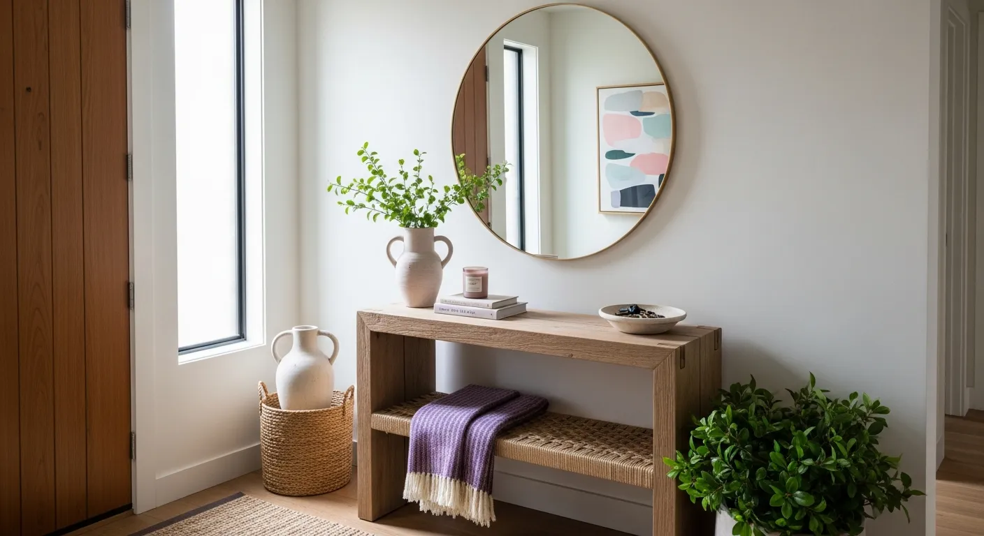 Chic modern entryway styling creating a calming first impression with pastel tones