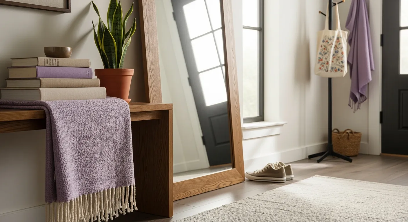Contemporary console table styled against a calming pastel purple entryway wall