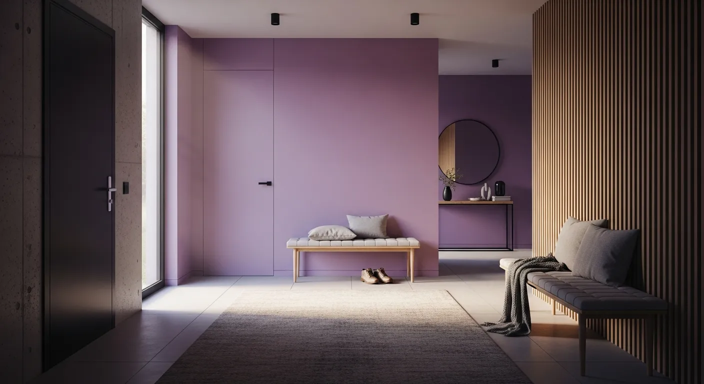 Pastel purple modern entryway featuring a sleek dark console table and warm lighting