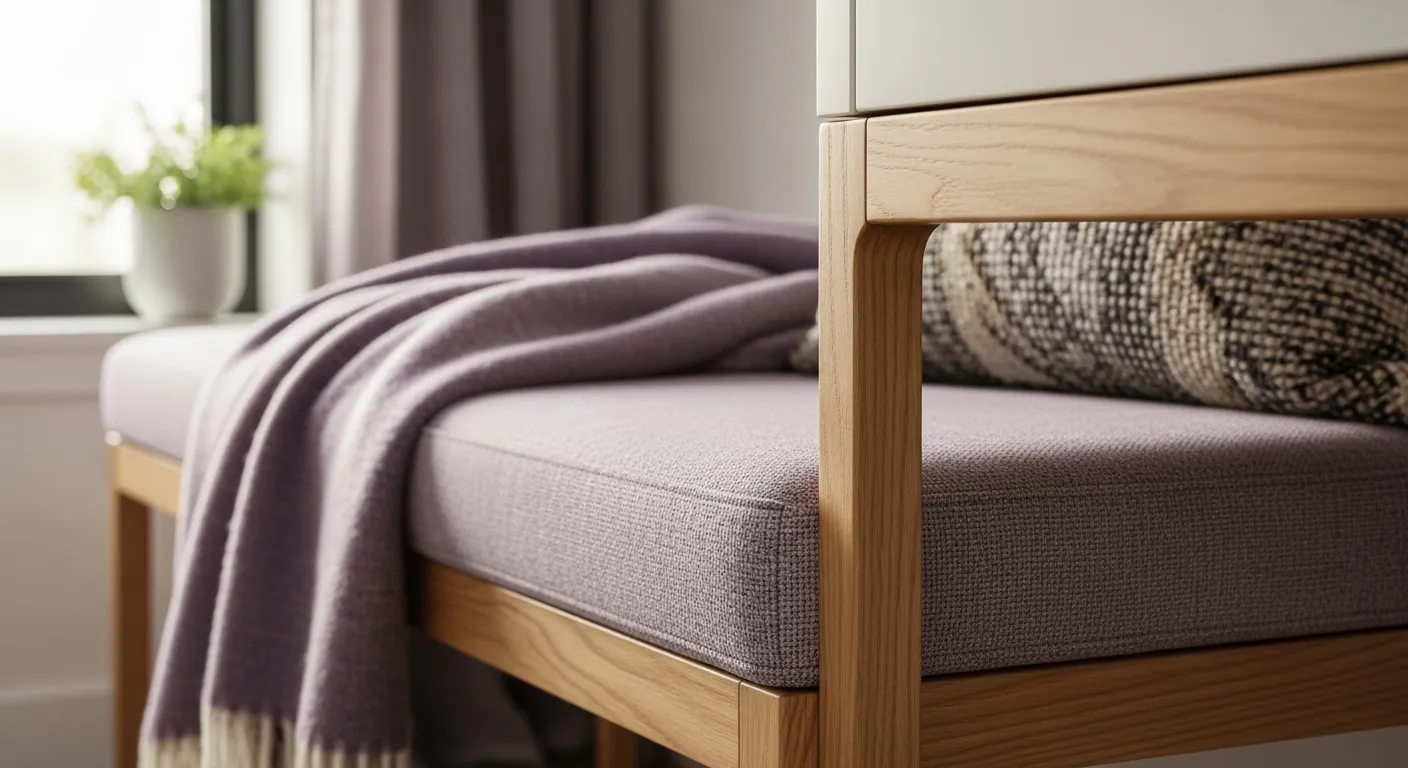 Soft pastel purple entryway decor with minimalist furniture and natural light