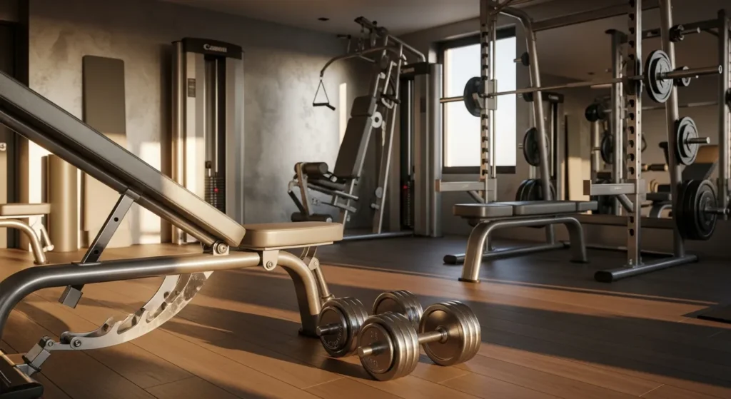 Modern home gym featuring sleek silver workout equipment and minimalist interior design touches.