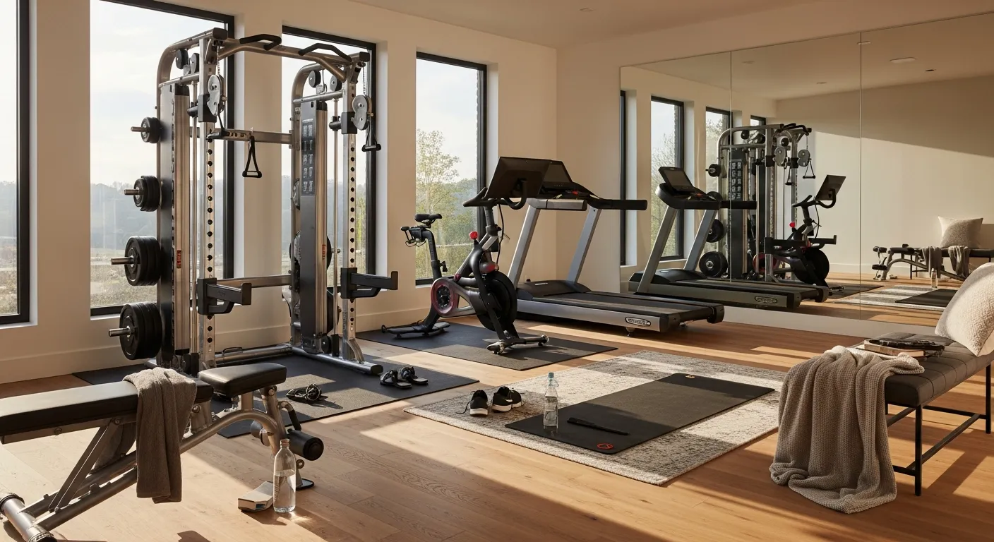 Minimalist modern gym design with metallic silver equipment