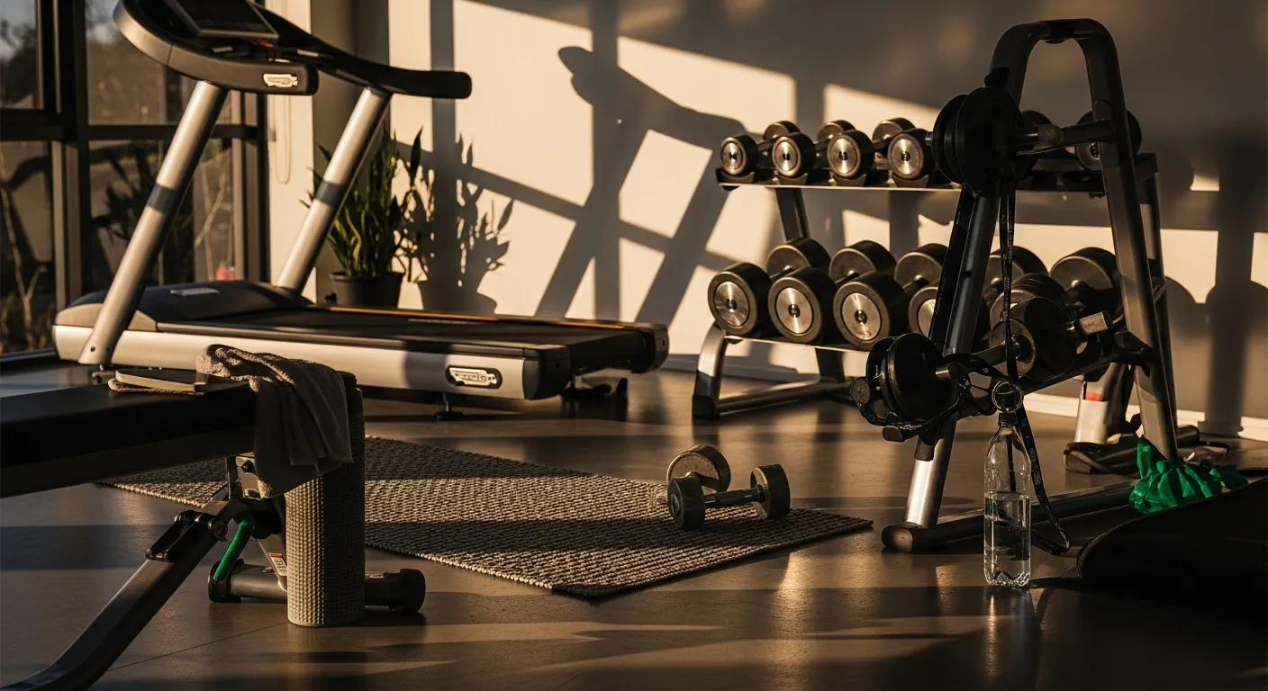Mirrored home gym walls with clean lighting and silver weights