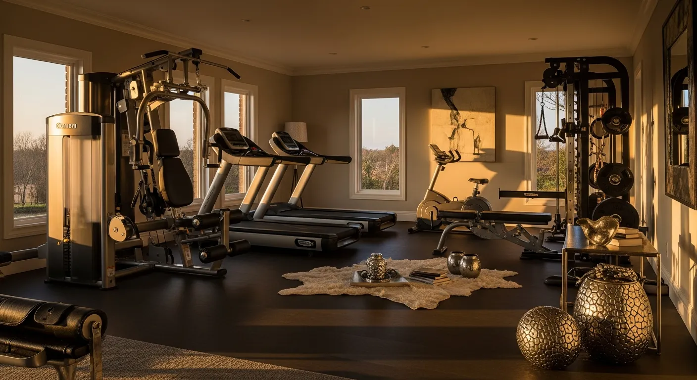 Metallic decor and silver workout equipment layout