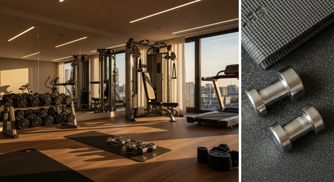 Focus-driven workout sanctuary featuring reflective mirrored surfaces