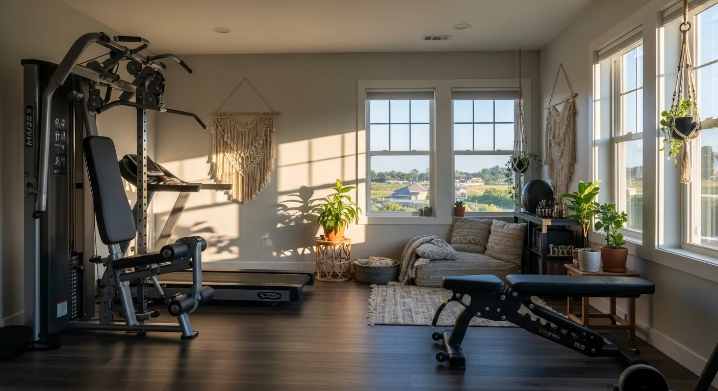 Bright ambient lighting highlighting silver exercise equipment