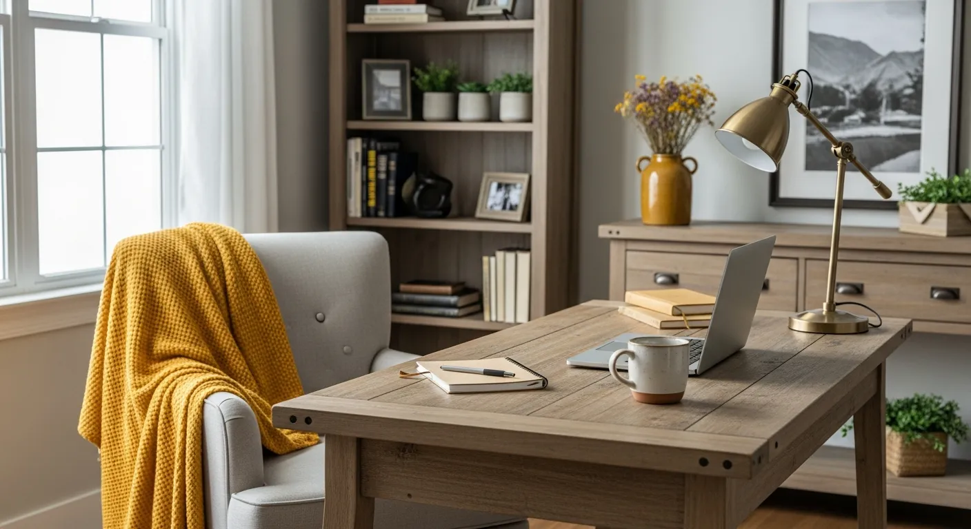 Beautifully styled rustic wood desk with mustard accents showcasing budget-friendly home office decor