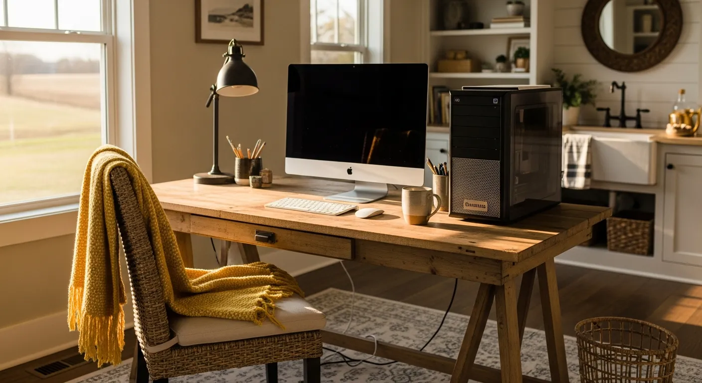 Step-by-step recreation of a farmhouse home office with distressed wood desk and mustard yellow curtains