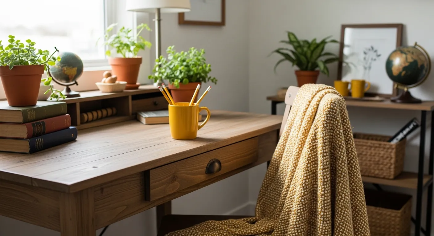 Stylish budget farmhouse home office ideas featuring layered textures and warm mustard yellow accents