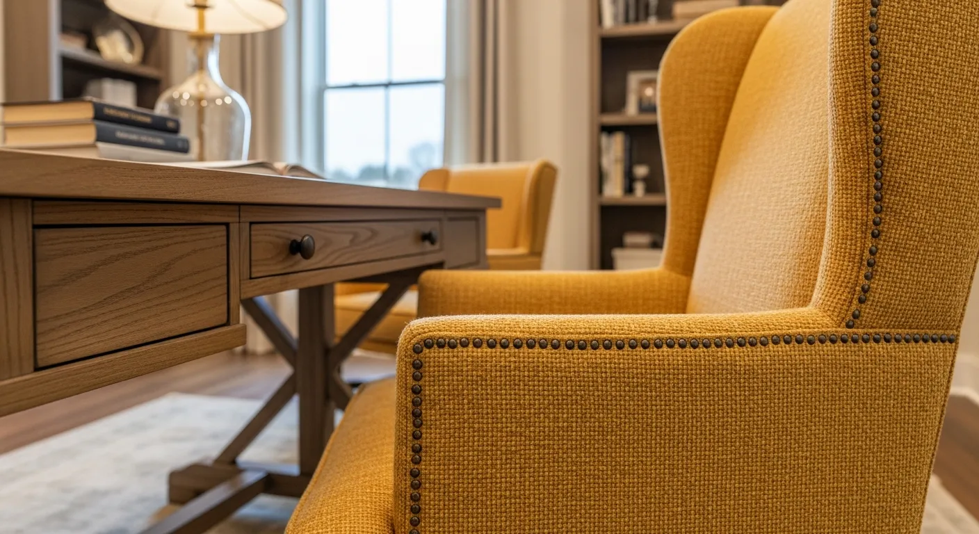 Essential furniture for farmhouse home office ideas including a rustic wood desk and ergonomic mustard chair