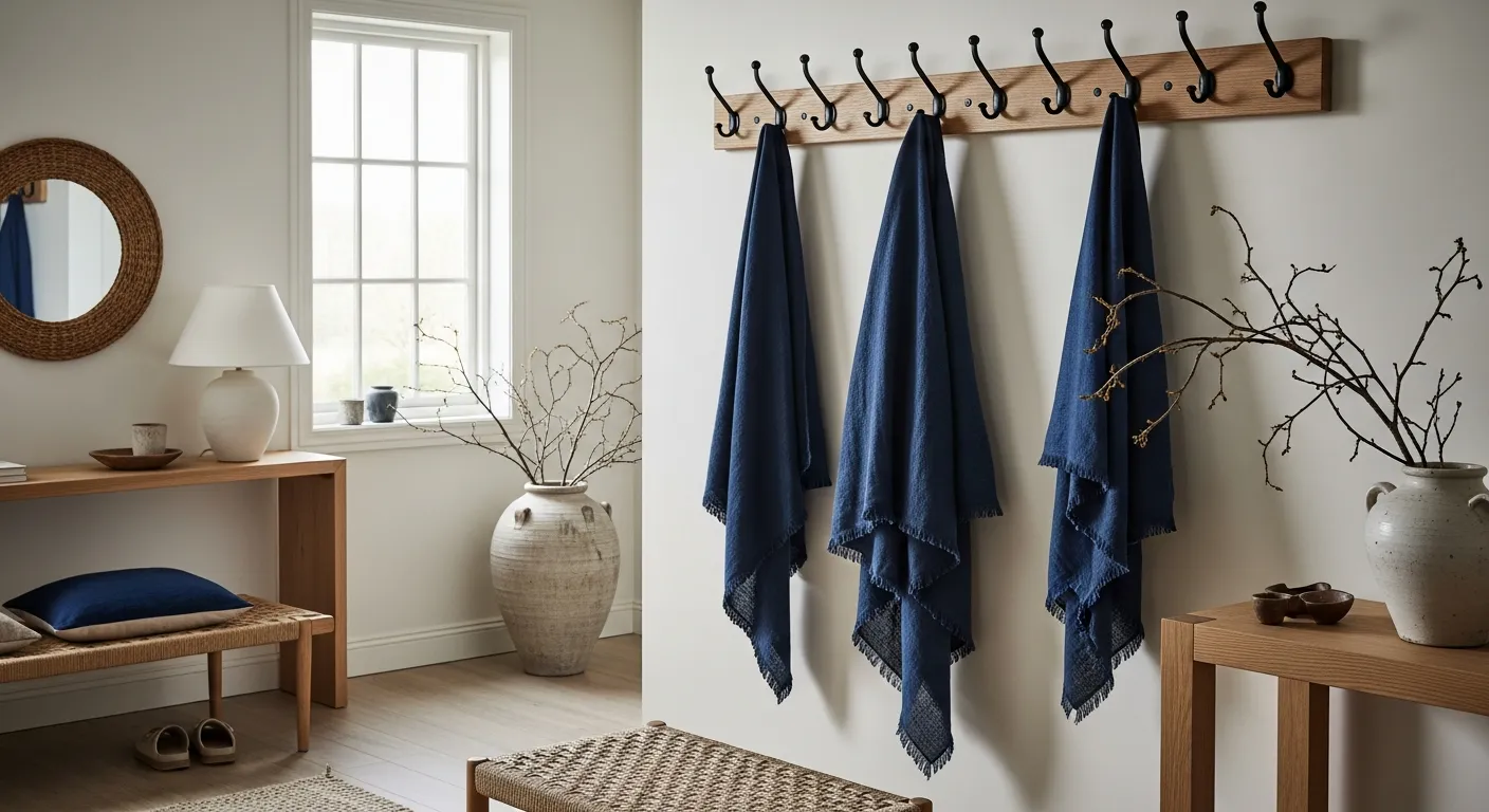 Light oak minimalist console grounded by a navy blue wall in a modern Japandi entry