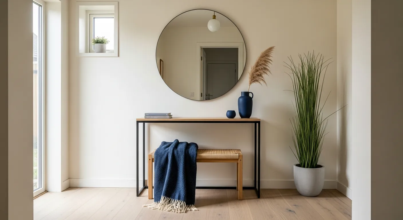 Rich navy blue wall with light wood elements in a serene everyday Japandi front door area
