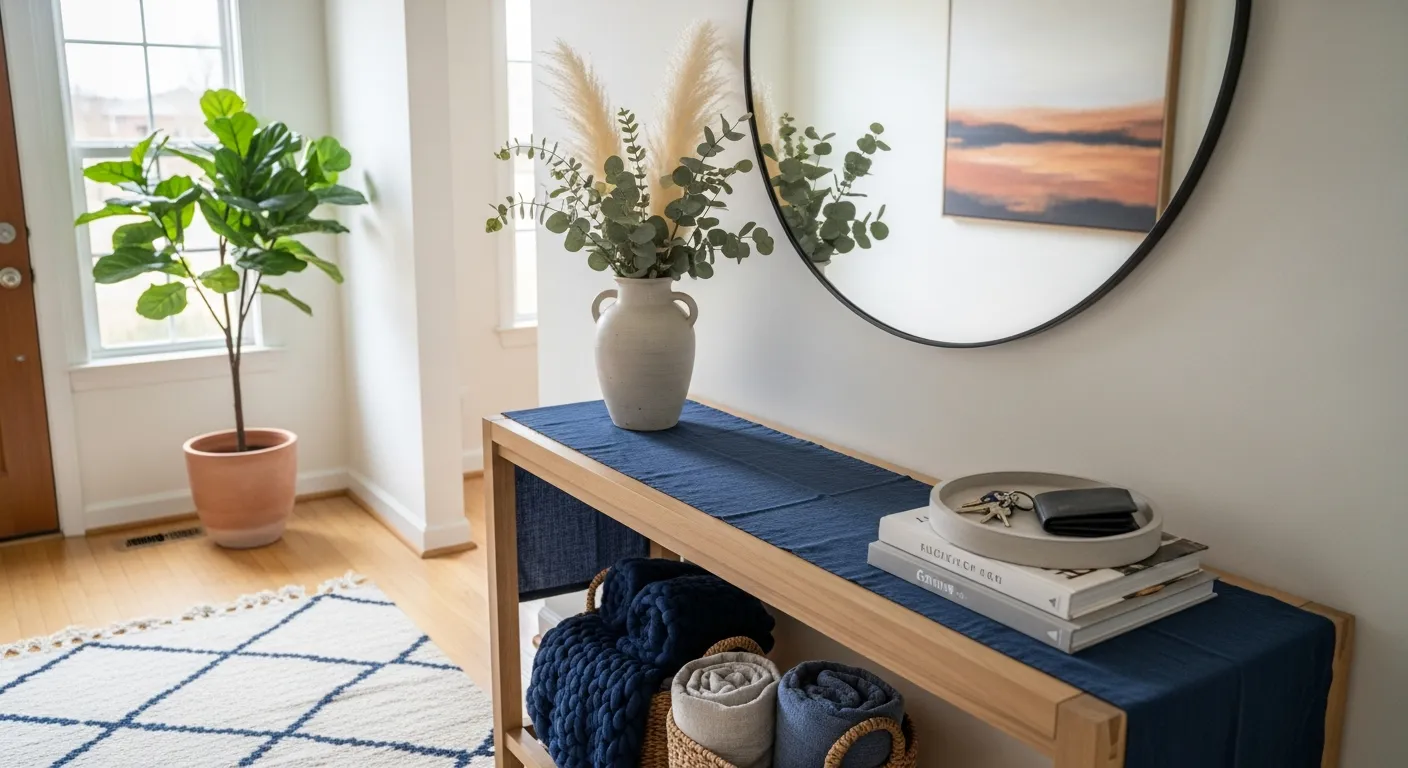 Clean Scandinavian wood tones against navy accents in minimalist Japandi entrance styling