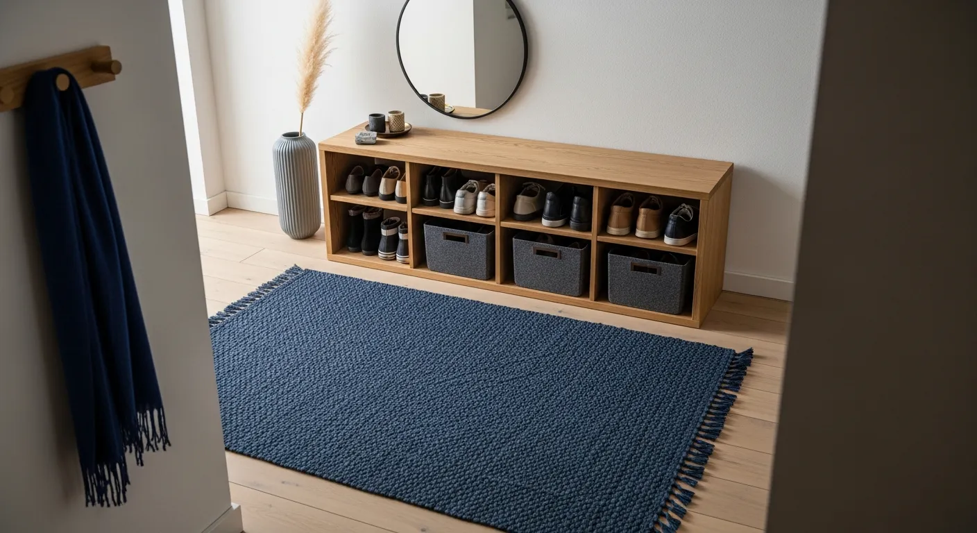 Navy blue tones grounding a light oak bench and ceramics in an elegant Japandi hallway
