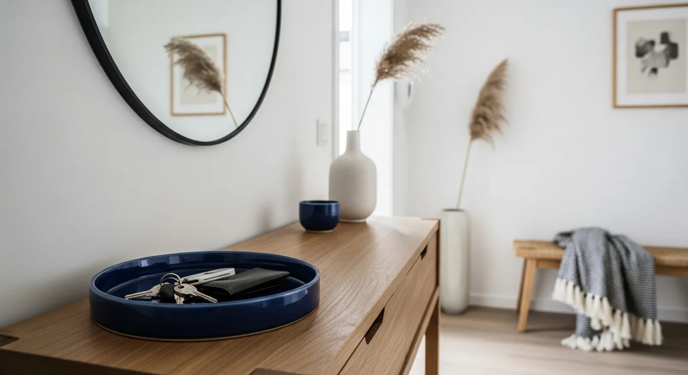 Deep navy accents and clean lines defining peaceful everyday Japandi foyer aesthetics
