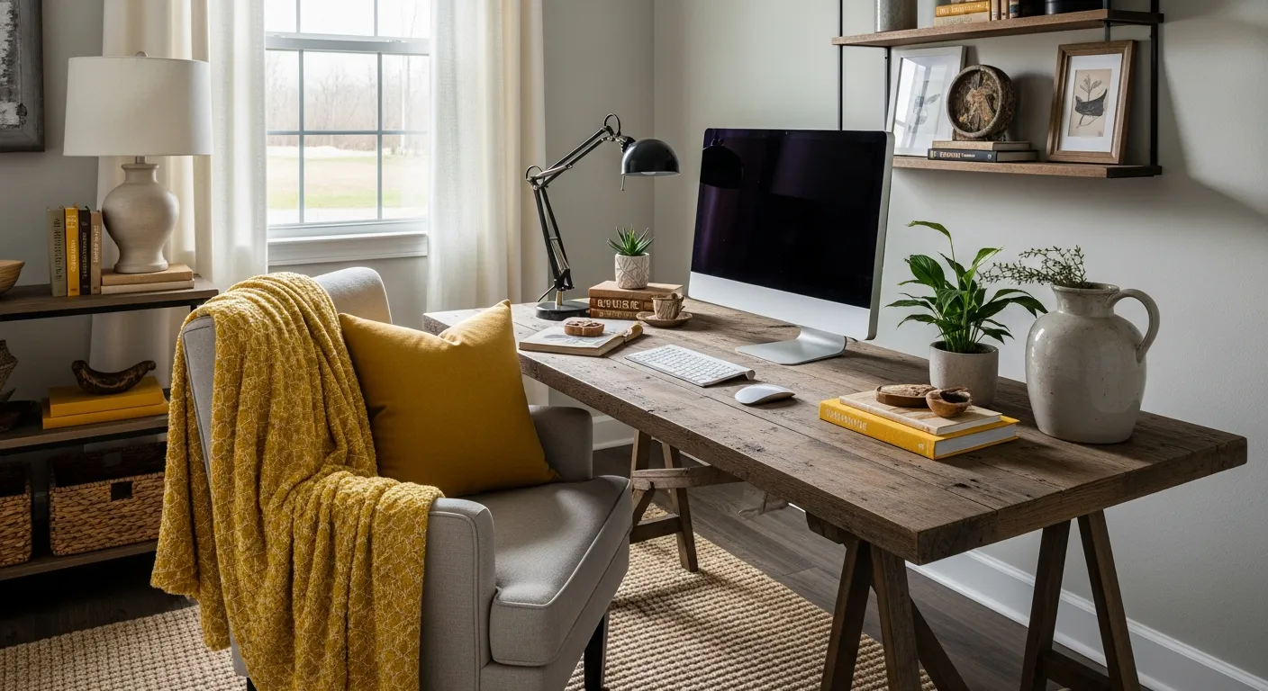 Color palette ideas for a farmhouse home office showing mustard yellow paired with deep espresso wood