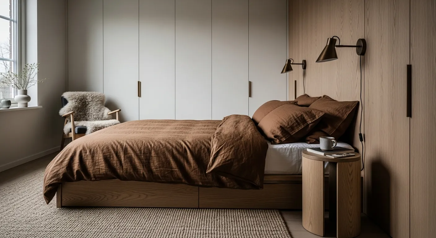 Affordable Scandi decor and warm bronze accent bedding on minimalist wood furniture