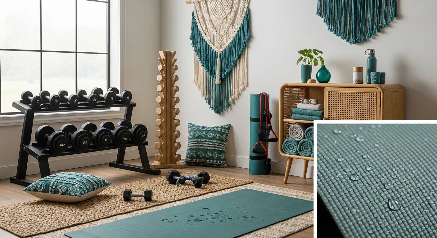 Step-by-step Bohemian Home Gym ideas showing dark teal walls with macrame wall hangings and wooden yoga blocks.