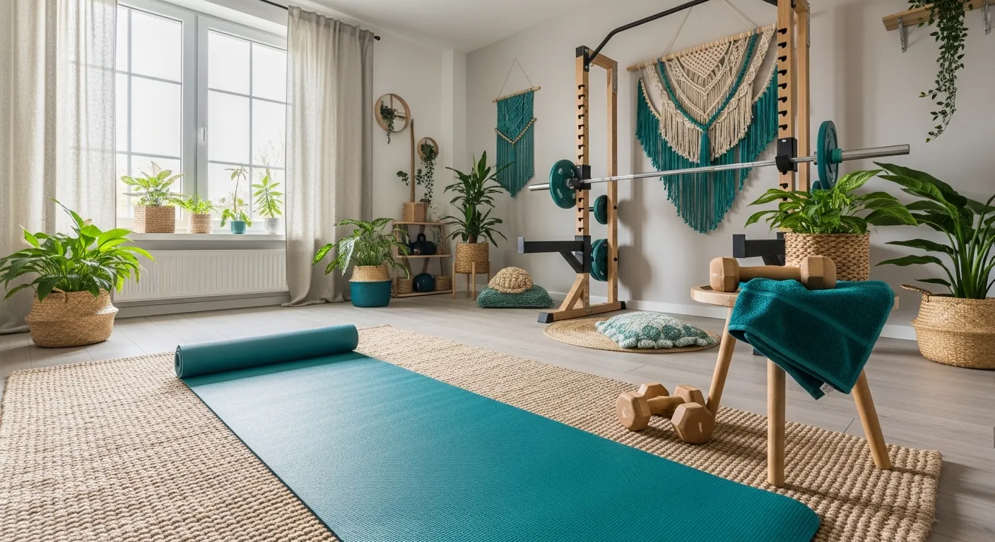 Complete bohemian wellness retreat with bold teal walls, layered woven textures, and minimalist fitness equipment.