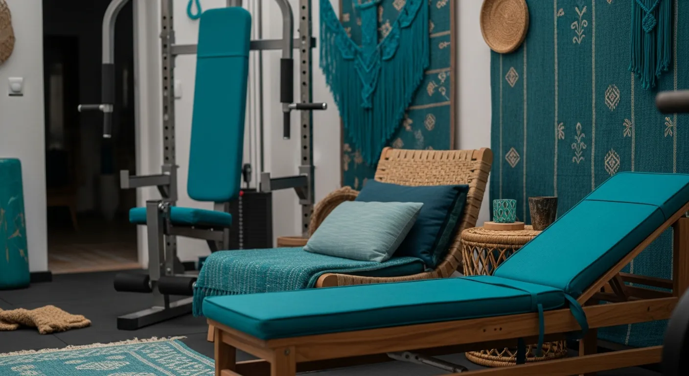 Styling tips for a boho home gym showing wooden fitness equipment, woven area rugs, and a teal backdrop.