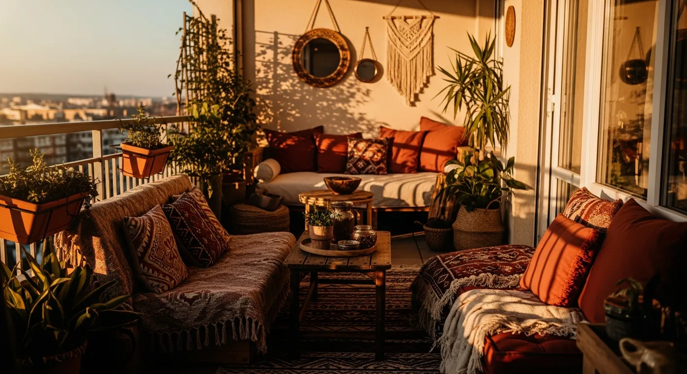 Cozy bohemian outdoor balcony decorated with warm terracotta textiles and natural woven furniture.