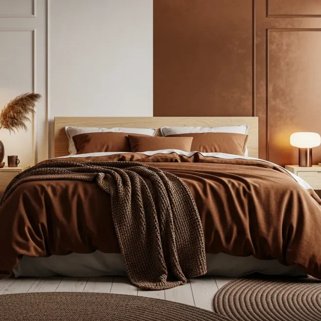 A cozy Scandinavian bedroom featuring warm bronze linens, light oak wood, and soft natural lighting.