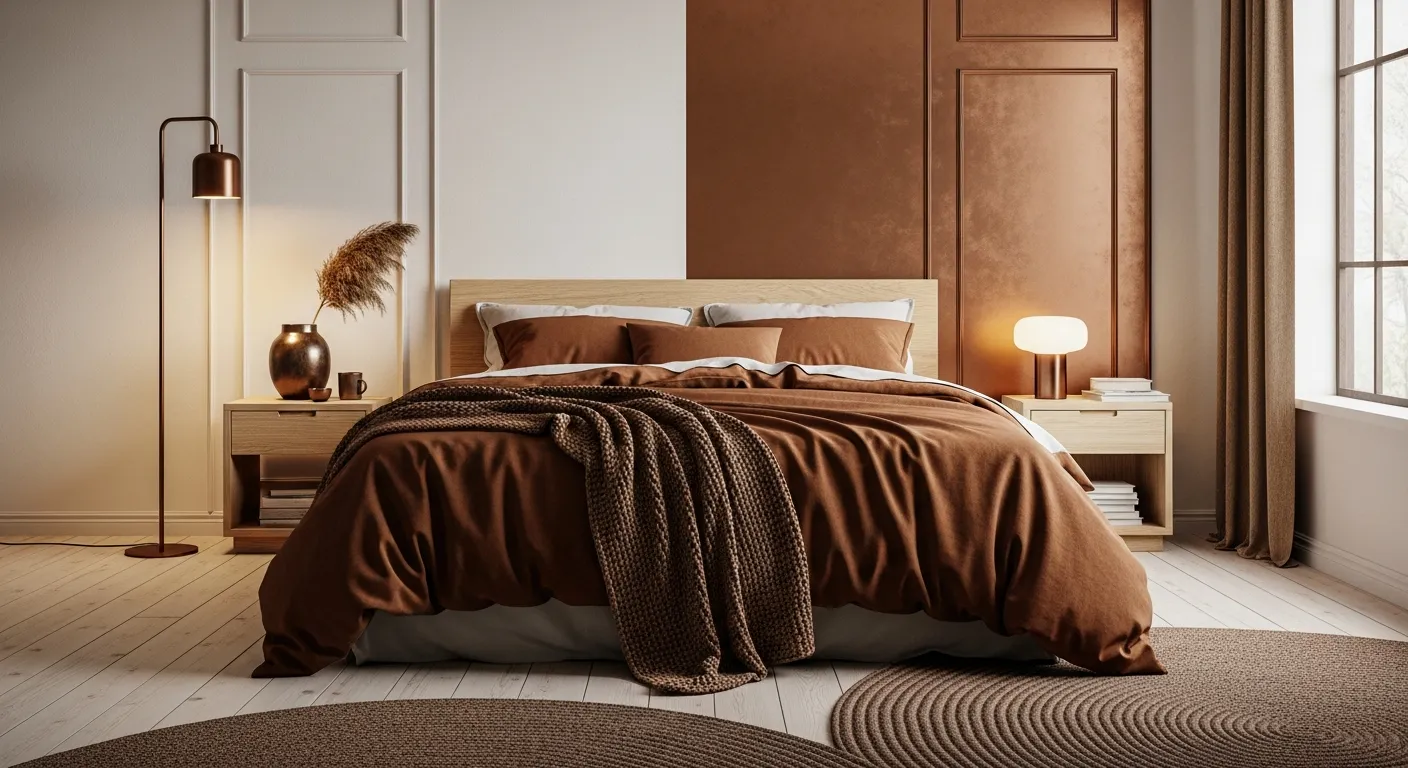 Warm bronze linens in a cozy minimalist Scandi bedroom highlighting peaceful interior design psychology