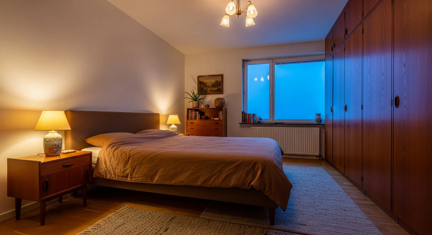 Inviting mid-century modern bedroom with warm brown tones and contrasting cream accents