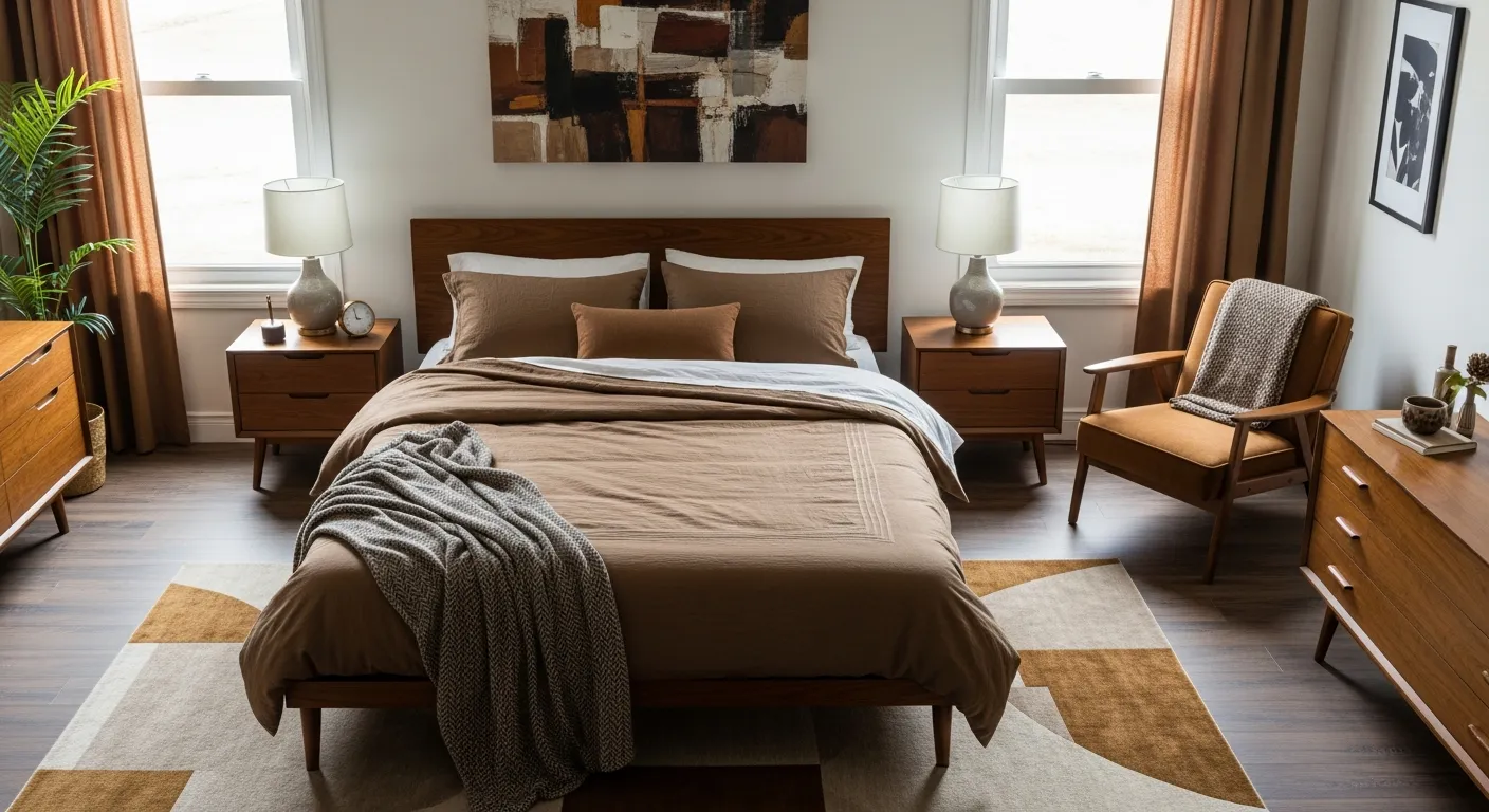 Warm brown mid-century modern bedroom ideas with clean retro lines and natural light
