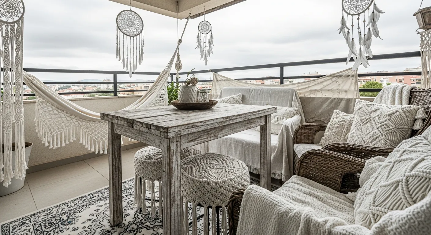 Step by step bohemian outdoor balcony ideas with cozy seating and fairy lights
