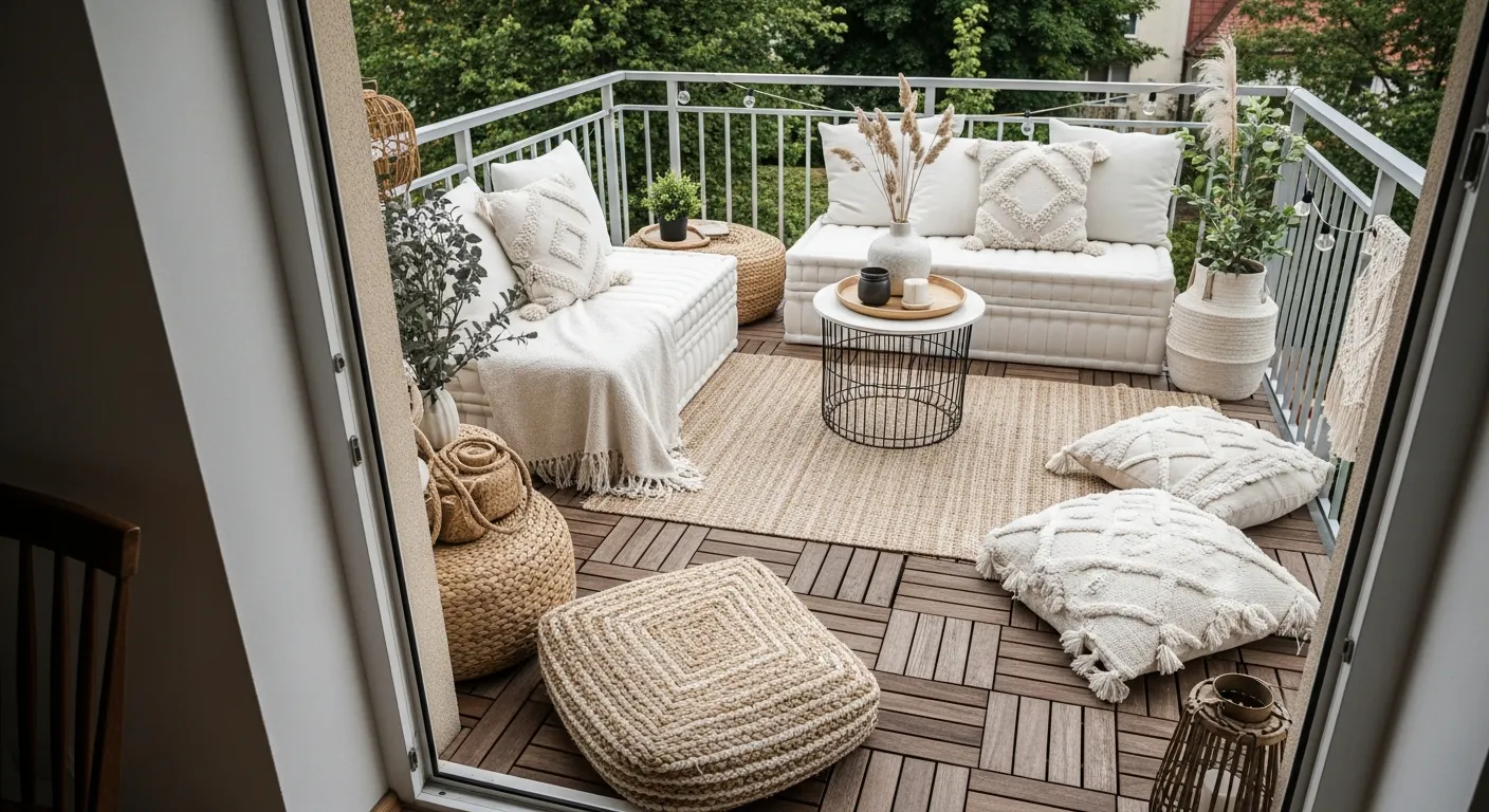 Recreate this bright white bohemian outdoor balcony escape with natural decor accents