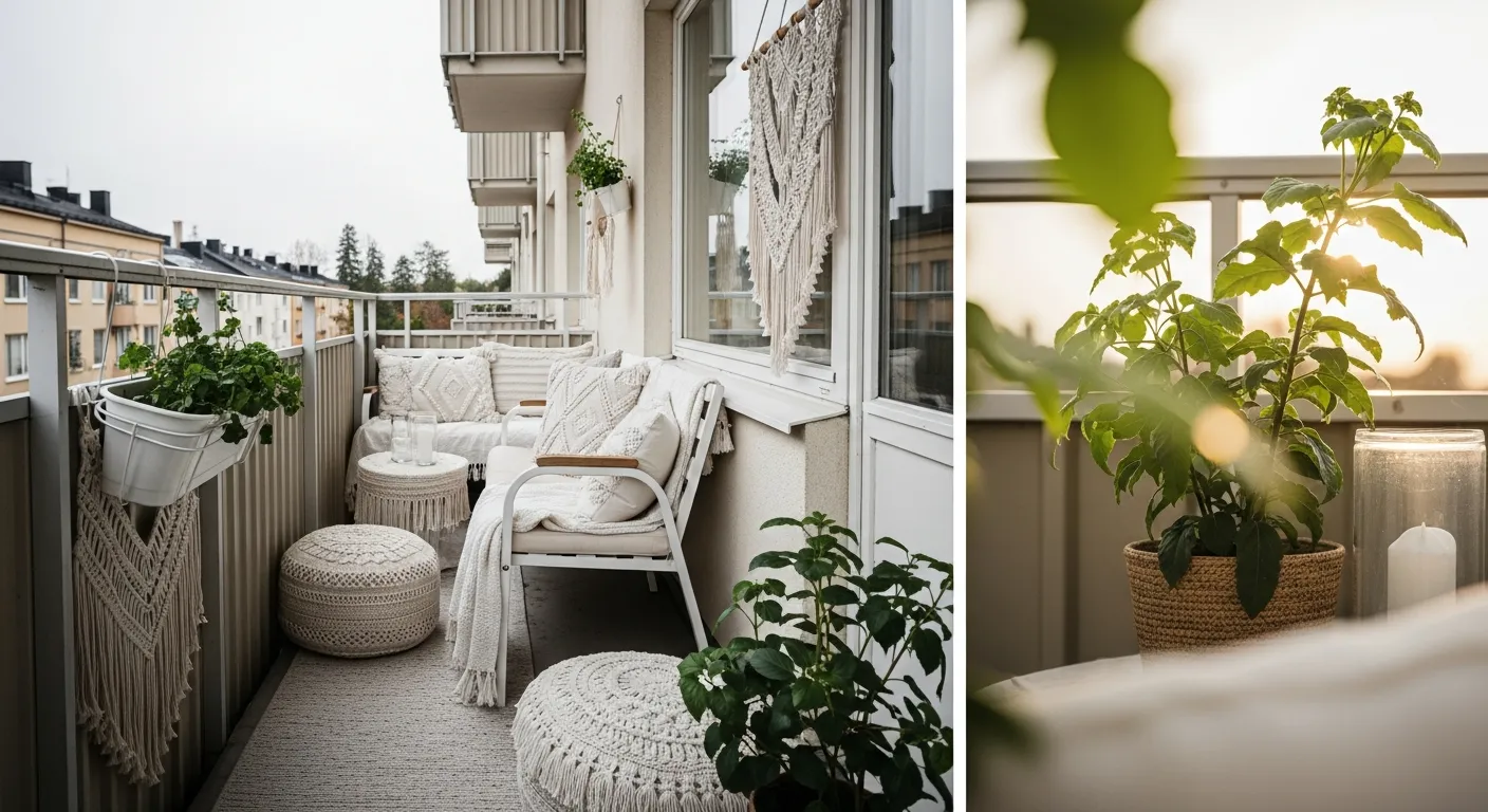 Lush potted plants and white linens completing a beautiful bohemian outdoor balcony