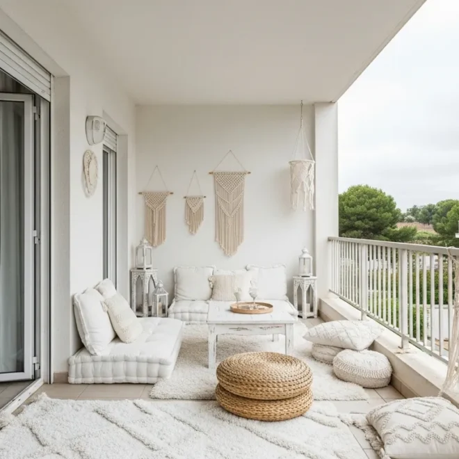Cozy white bohemian outdoor balcony featuring macrame decor, floor cushions, and lush potted plants.