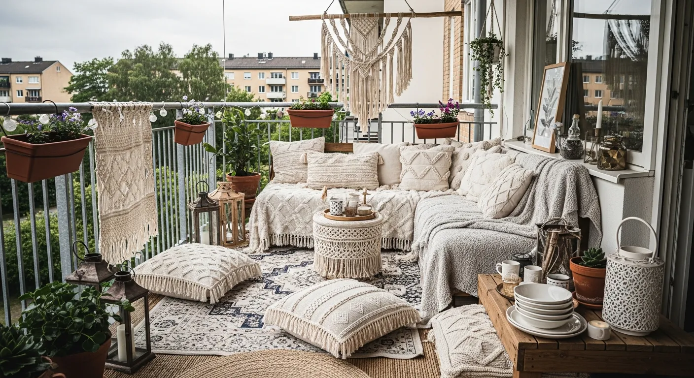 Styling tips for white bohemian outdoor balcony ideas with woven seating and greenery