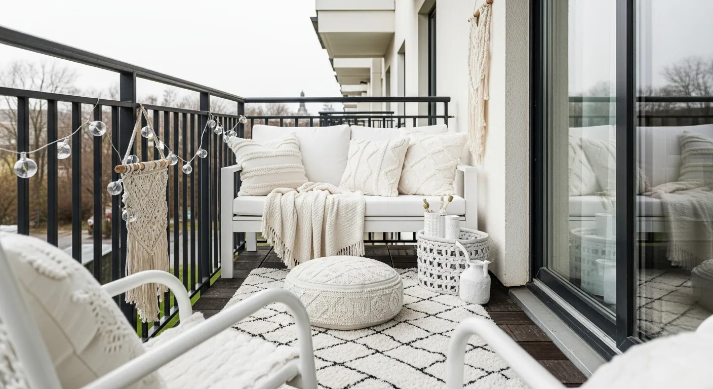 Bohemian outdoor balcony ideas showcasing a white and natural wood color palette
